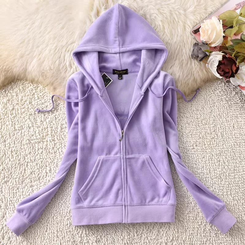 Juicy Grape Velvet Tracksuit for Women 2024 Spring Autumn Women\'s Hooded and Pants Suit Two Piece Set