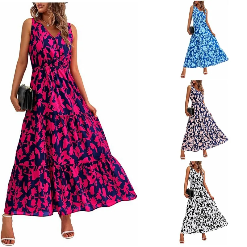 New Summer Floral Printed Flowing Dress V-Neck Suspender Sexy Elegant Dresses Loose Dresses Weekend Holiday vestidos 2024