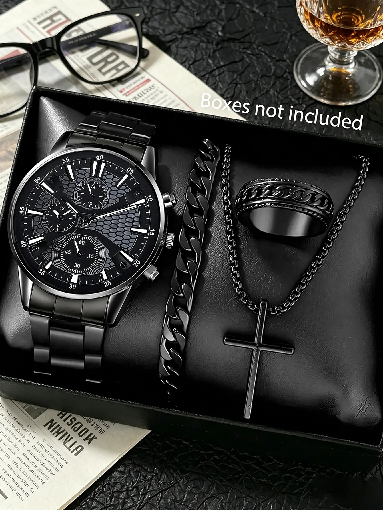 

Men's Quartz Watch Bracelet Necklace Ring Set with Scale Pattern Design Luxury Brand Birthday Gift Daily Versatile