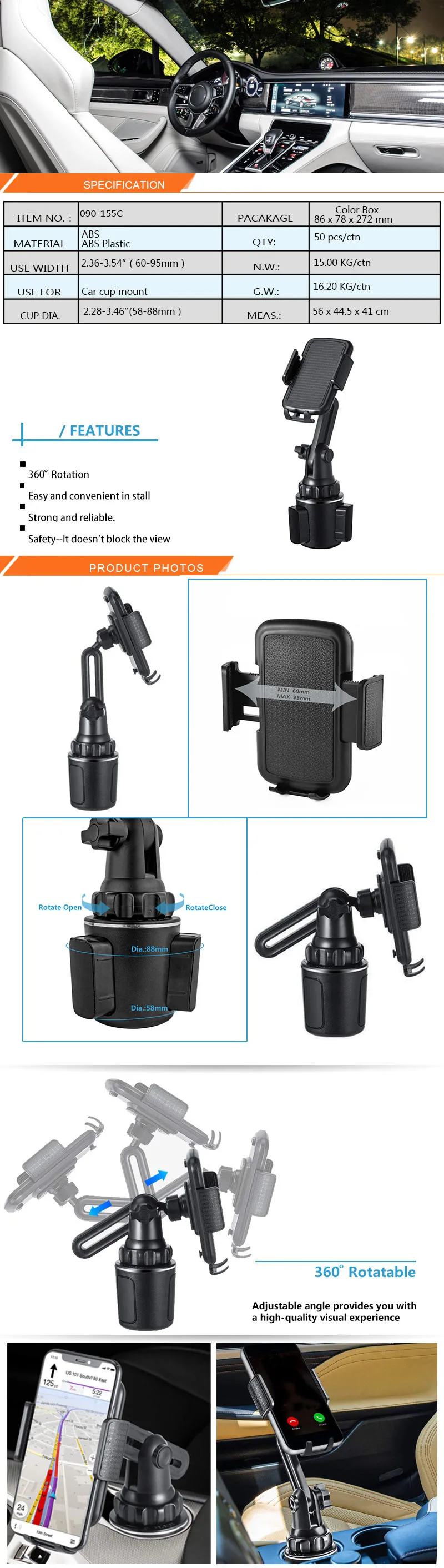 Universal Car Phone Holder Cellphone Mount Stand Adjustable Car Cup Phone Mount for iPhone 14 13 12 Pro MAX Huawei Samsung – Detail 1