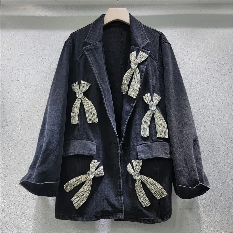 Spring Autumn Women Diamonds Beaded 3D Bow Decor Denim Suit Jacket Rhinestones Jean Blazers Coat Crystal Cowboy Cardigan Tops