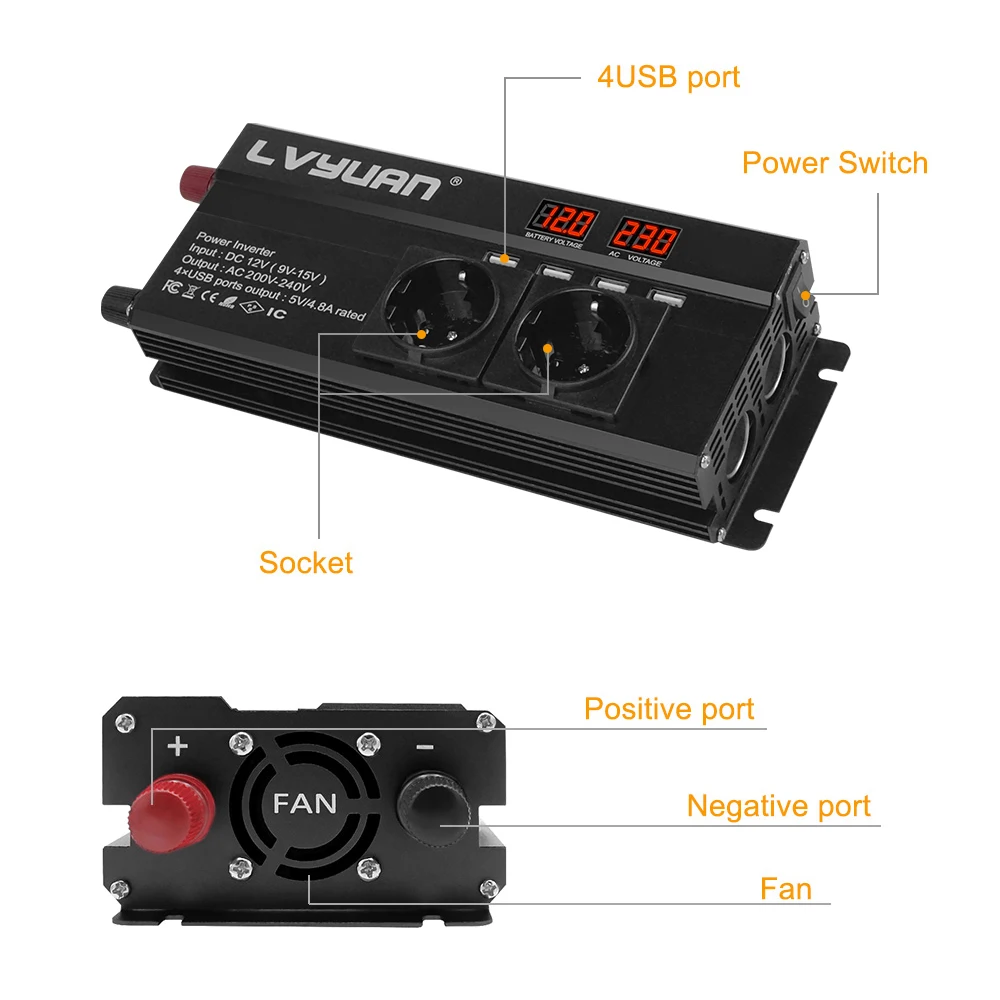 4000W 5000W 6000W Piekvermogen Omvormer Dc 12V Naar Ac 220V 50Hz Led Display Met Usb Eu Socket Sigarettenaansteker Voor Auto Converter