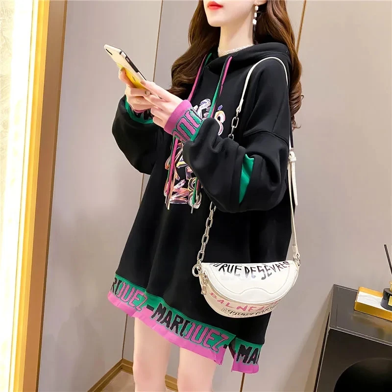 2023 Korean Fashion Printing Join Together Thicken Pullover Hoodies Woman Winter Streetwear Hoodie Loose Women Long Hoodie