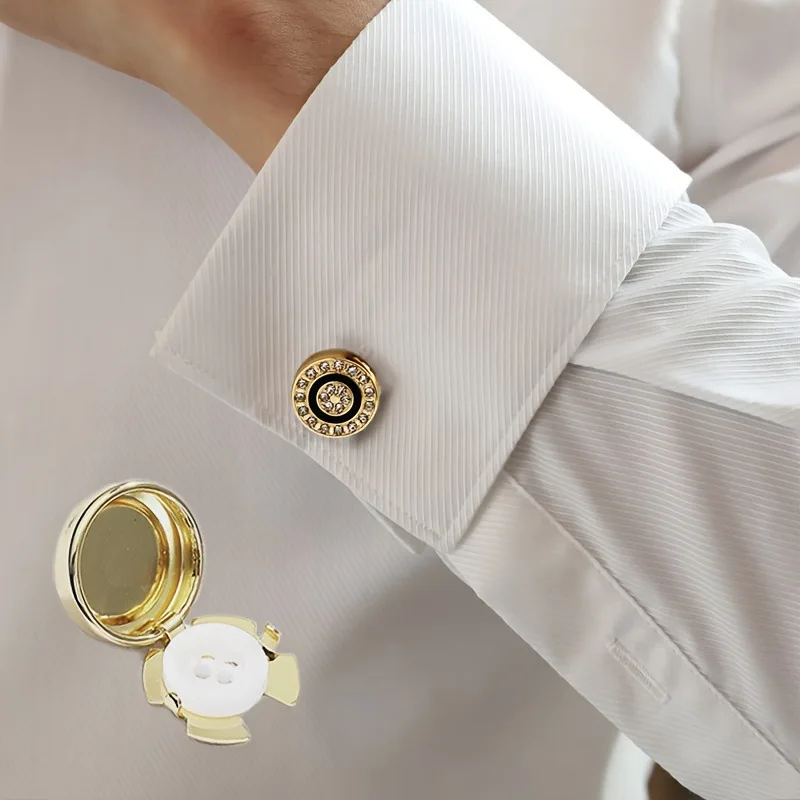 1/2PCS Non-French Shirt Black Rhinestone Cufflinks Geometric Round Button Covers Men Business Dress Wedding Accessories view 3