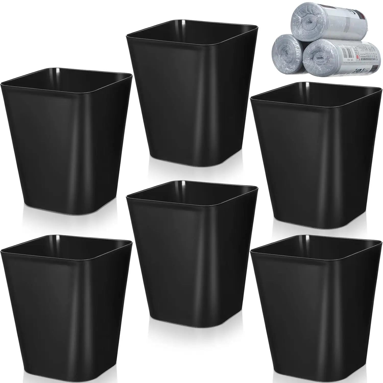 

6 Pack Small Plastic Trash Cans with Bags for Bathroom, Kitchen, Office - Black