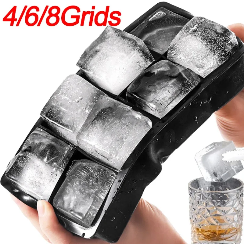 4/6/8 Grids Big Ice Mold Boxes Large Food Grade Silicone Ice Cube Molds Square DIY Ice Blocks Maker Mould Tools For Kitchen Bar