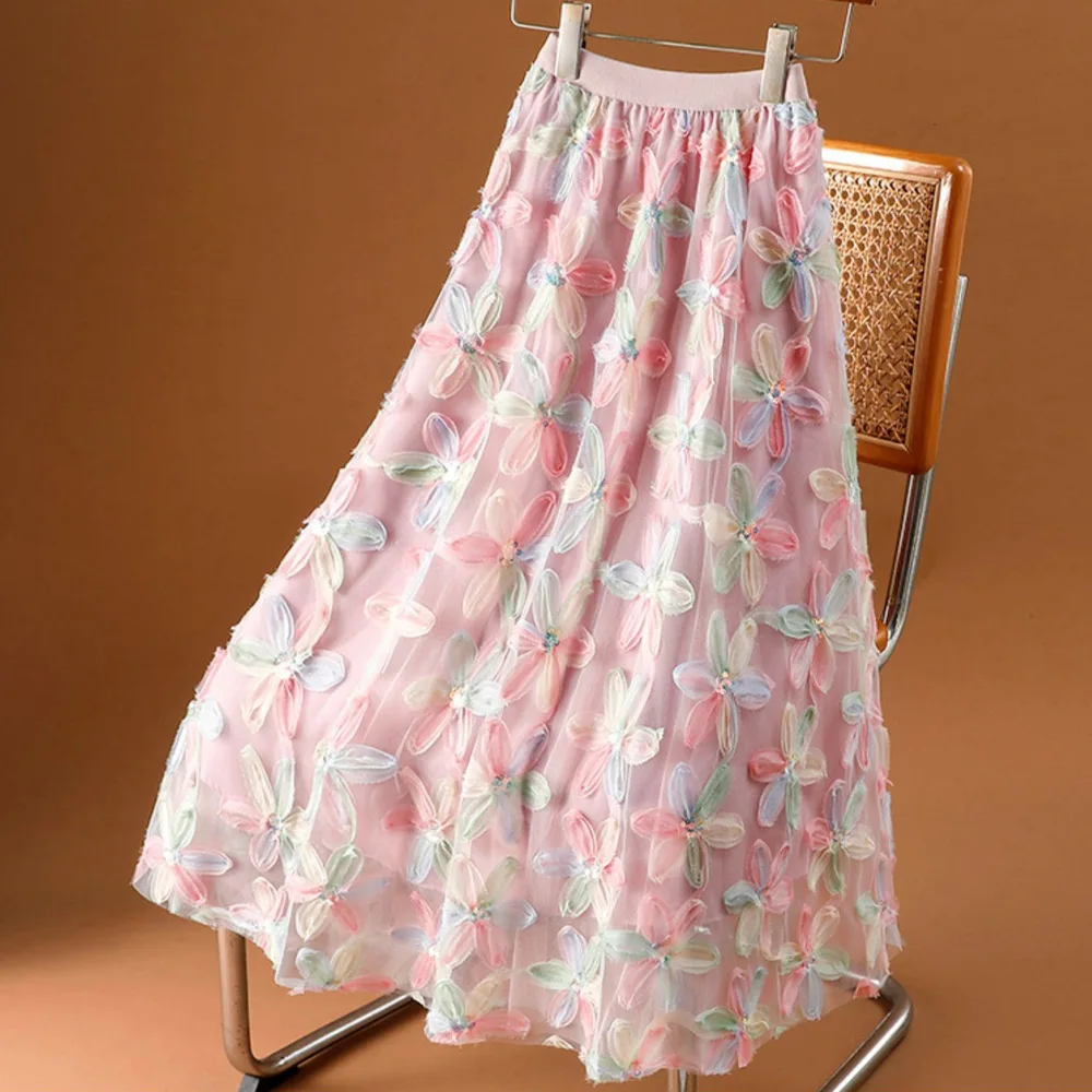 

Сетчатые юбки-миди с цветочной вышивкой и блестками, женские 2026, весна-лето, модная элегантная юбка трапециевидной формы, женская милая юбка с высокой талией Falsas