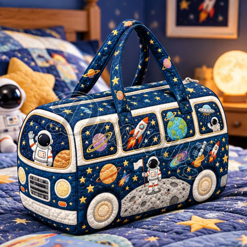 Vintage Bus Shaped Handbag for Travel Universe Astronaut Rocket UFO Women Duffle Totes Shoes Holder Large Capacity Shoulder Bags