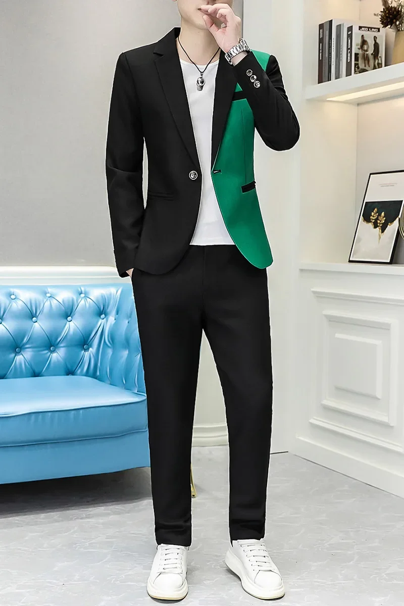 2024 Men\'s Dual-Color Patchwork Casual Suit Youth Autumn Slim Handsome Suit Two-Piece Suit