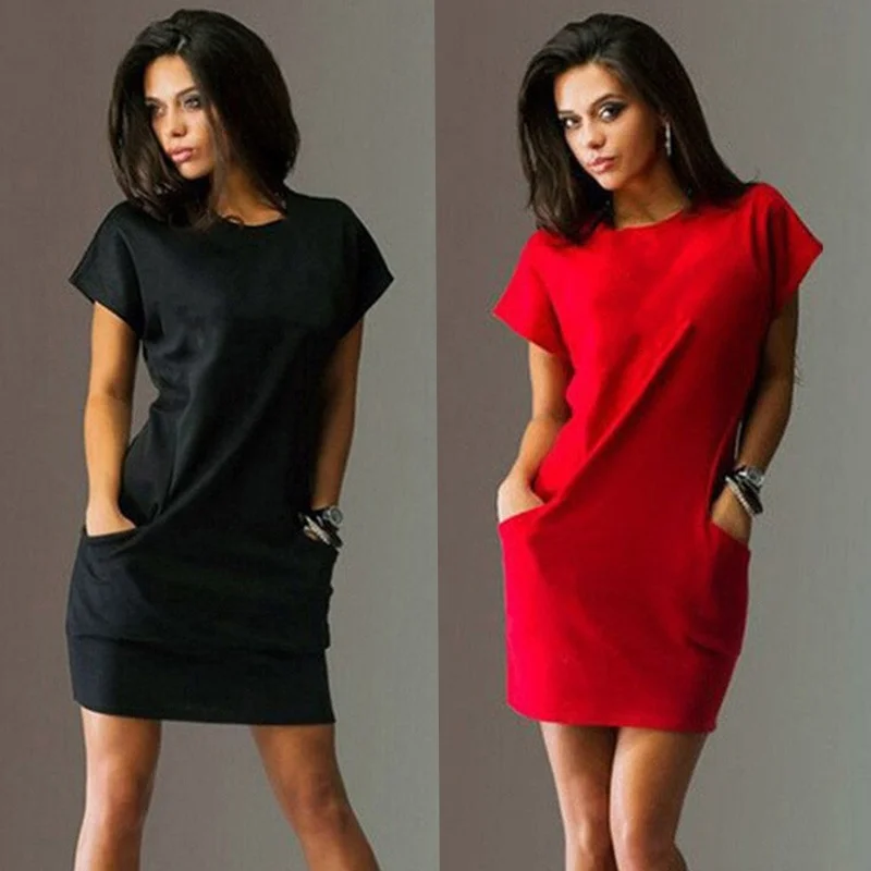 

The latest summer women's sexy solid color round neck short sleeved dress mini loose fitting dress in 3 colors