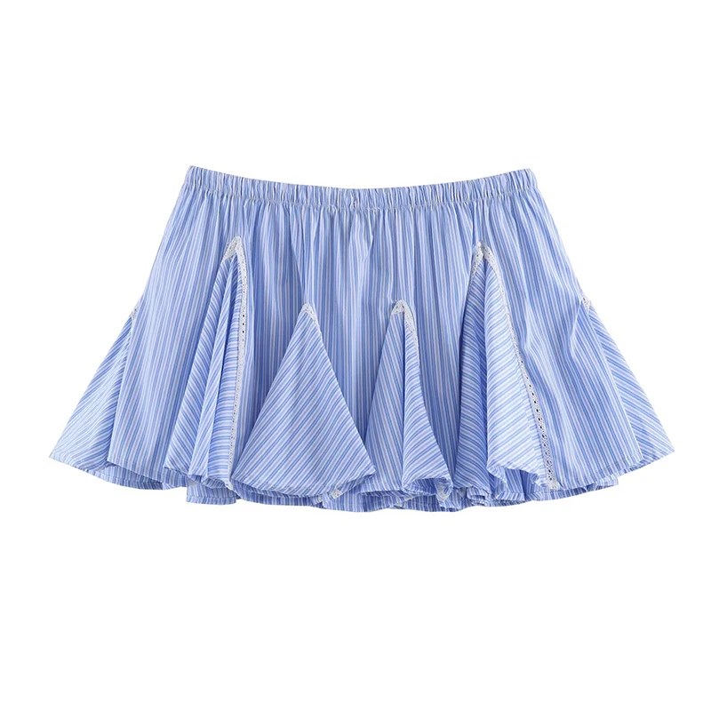 YENKYE  New Women's Vertical Stripe Elastic Waist Ruffle Mini Skirt Lace Trim Casual Short Summer Skirts