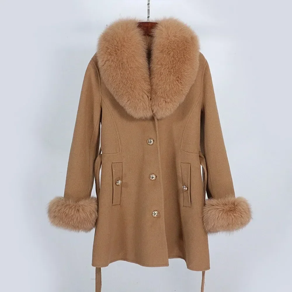 

Cuffs Belt Cashmere WoolJacket Women Woolen Natural Fox Fur Collar Outerwear Fashion Streetwear 2024 Winter Real Fur Coat