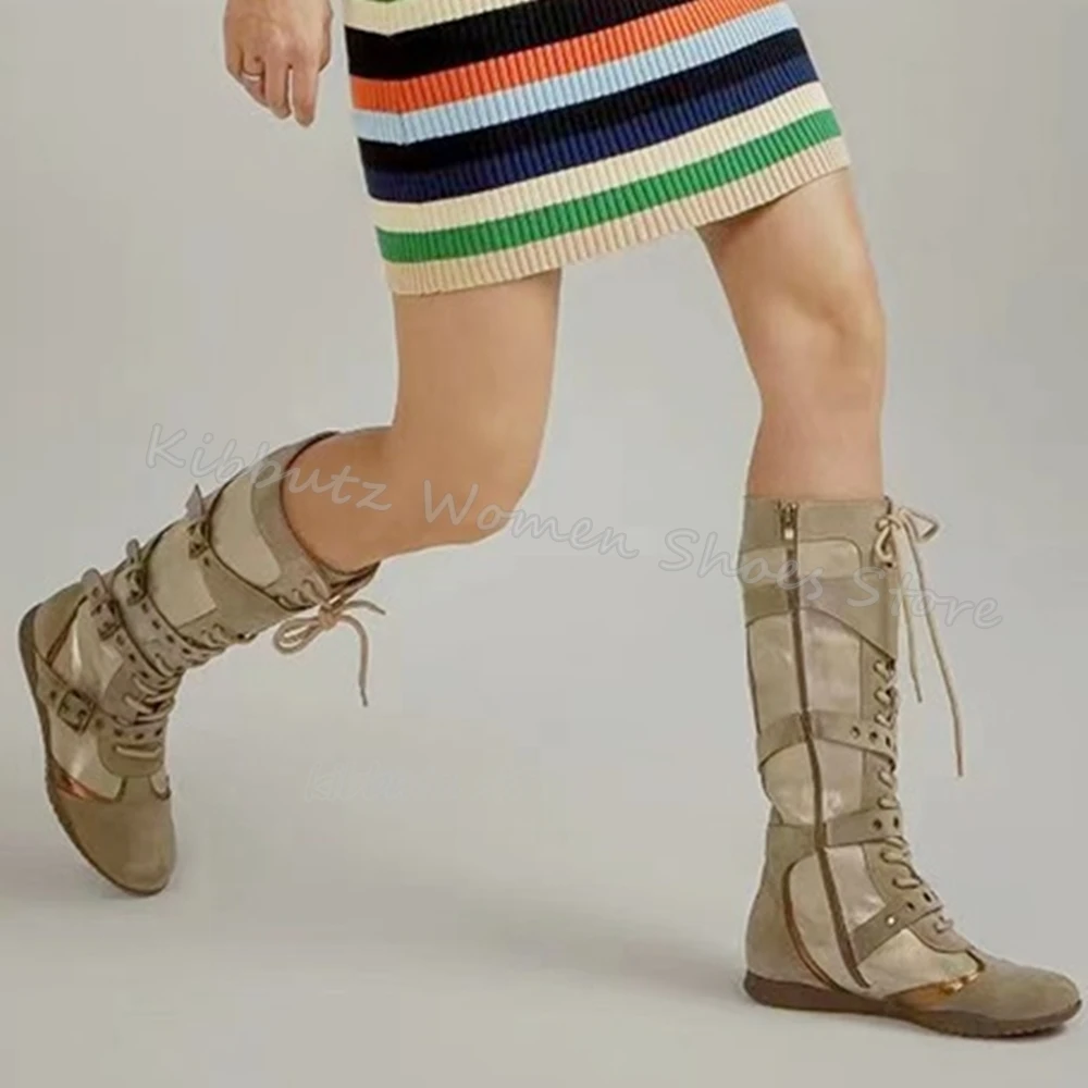 Suede Knee High Boot Lace-Up Rivets Belt Buckle Cowboy Fashion Sexy Concise Sexy Mixed Color Women Shoes Pointed Toe Flat With