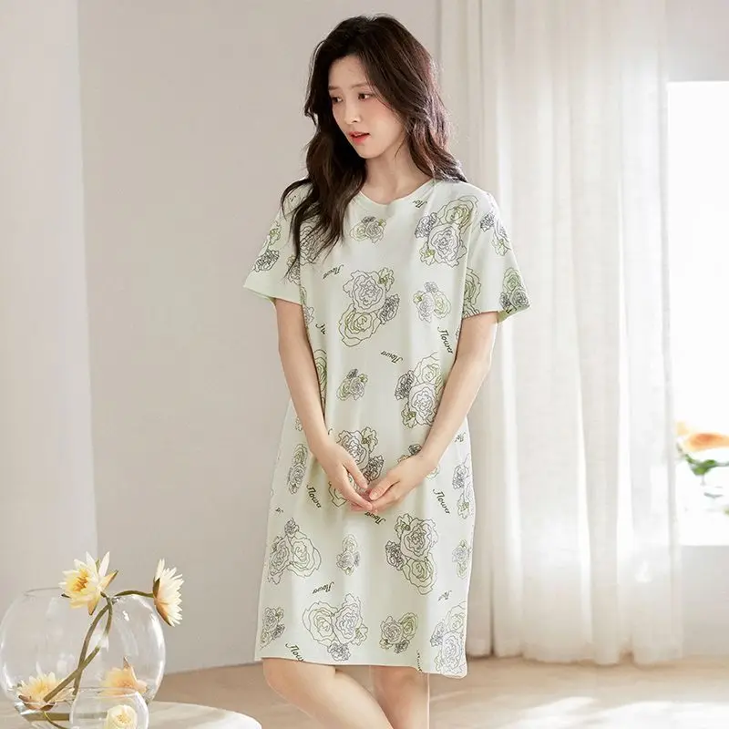 

2026 Summer Short Sleeve 100% Cotton Print Nightgowns for Women Korean Loose Sleepwear Night Dress Nightdress Ladies Home Nighty