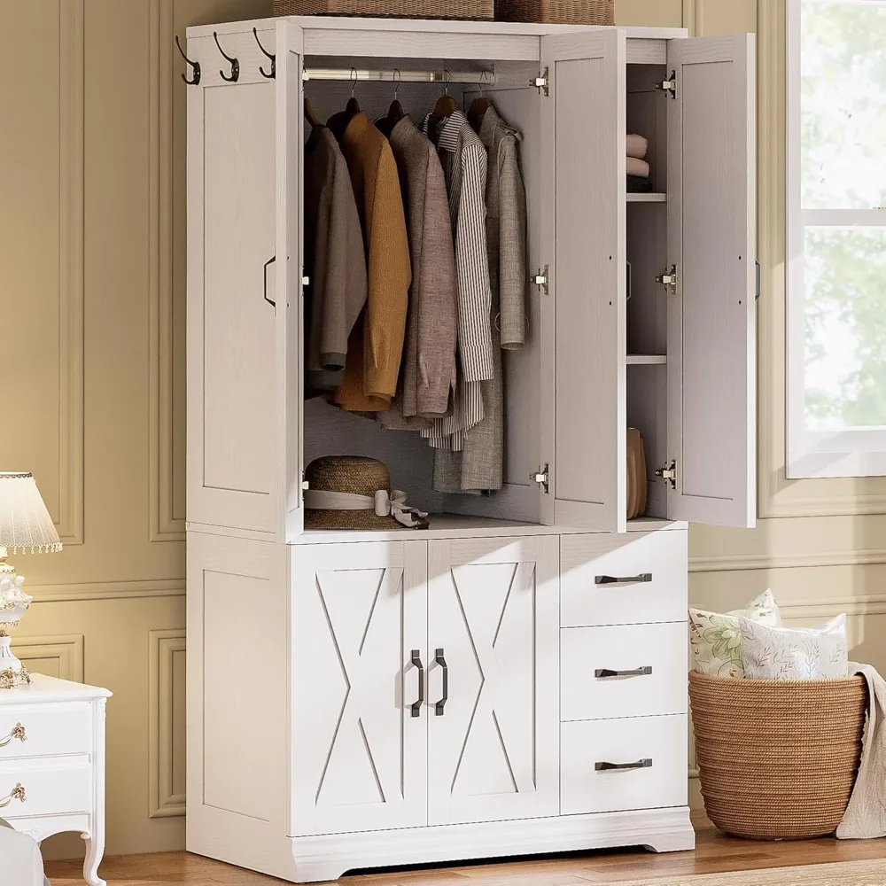

Wardrobe with 5 cabinet doors and 3 drawers, bedroom with large capacity deep armrest, with 3 side hooks, hanging type