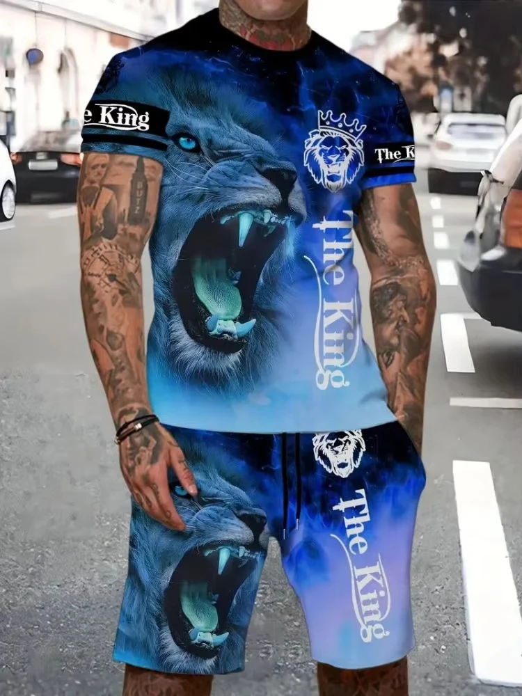 New Trend Summer Casual T-Shirt Two-Piece Set Cool Lion King 3d Printing Short-Sleeve Shorts Suit Hip-Hop Street Style Mens Suit