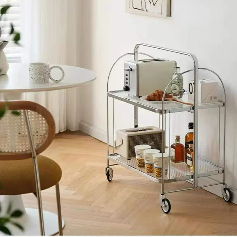 Transparent Glass Dining Car Trolley Home Kitchen Bar Wheel Table Foldable Side Table Living Room Bedroom Mobile Shelf Furniture