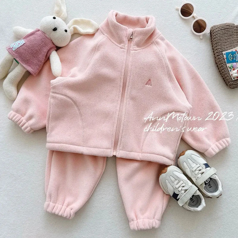 Autumn Winter New Girls Clothing Set Solid Color Double-faced Fleece Thick Warm Zipper Coat+Pants 2Pcs Suit For 2-8Y Boys Outfit