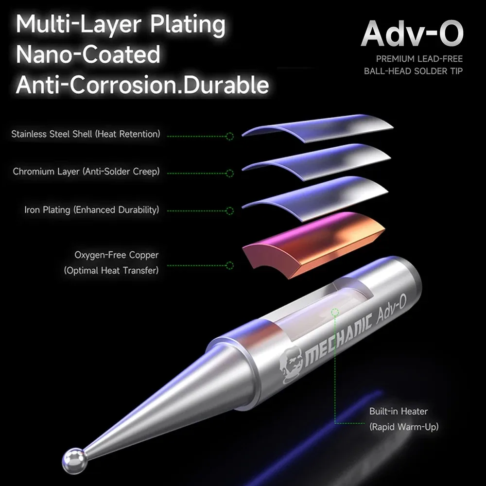 MECHANIC Ball Point Iron Plated Heating Core Soldering Iron Tip 1S Heat-up Easy Tinning Oxidation-Resistant for PCB SMD Welding
