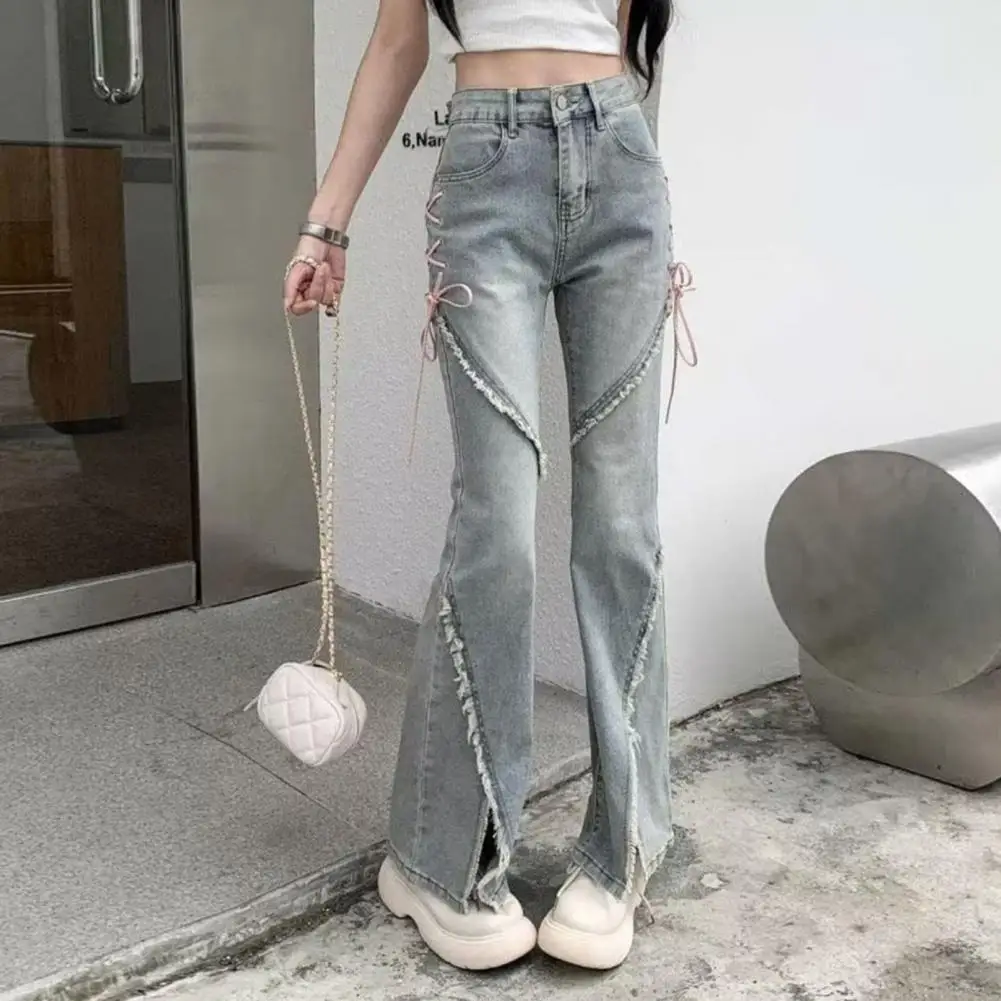 Women Jeans Hip Hop Ripped Split Flared Hem Strap Decor High Waist Zipper Closure Patchwork Long Trousers джинсы женский