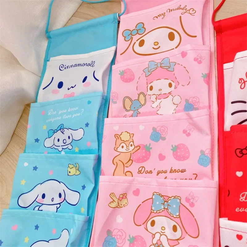 Creative Kawaii Girl Sanrioed Wall Hanging Storage Bag Cartoon Kuromi Cinnamoroll Multi-compartment  Pochacco Bag Sundry Bag