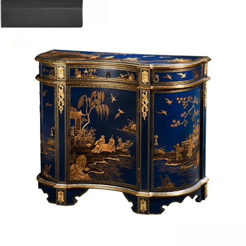 

European Chinese style retro navy blue luxury gold hand-painted big-name entrance cabinet villa foyer