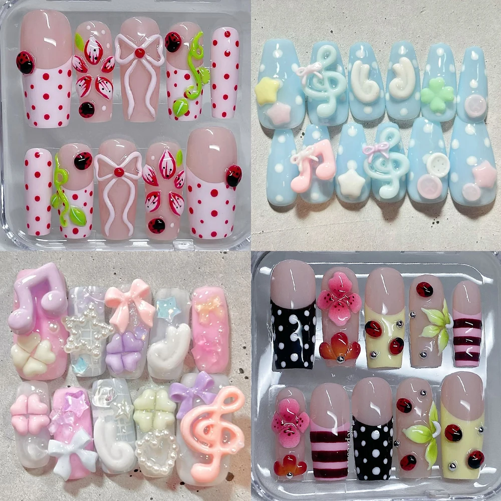 2026New Summer Flower Ladybug Design Press On Nail Art Stickers Handmade Dot Pattern Wings Note French Style Lace Fake Nails
