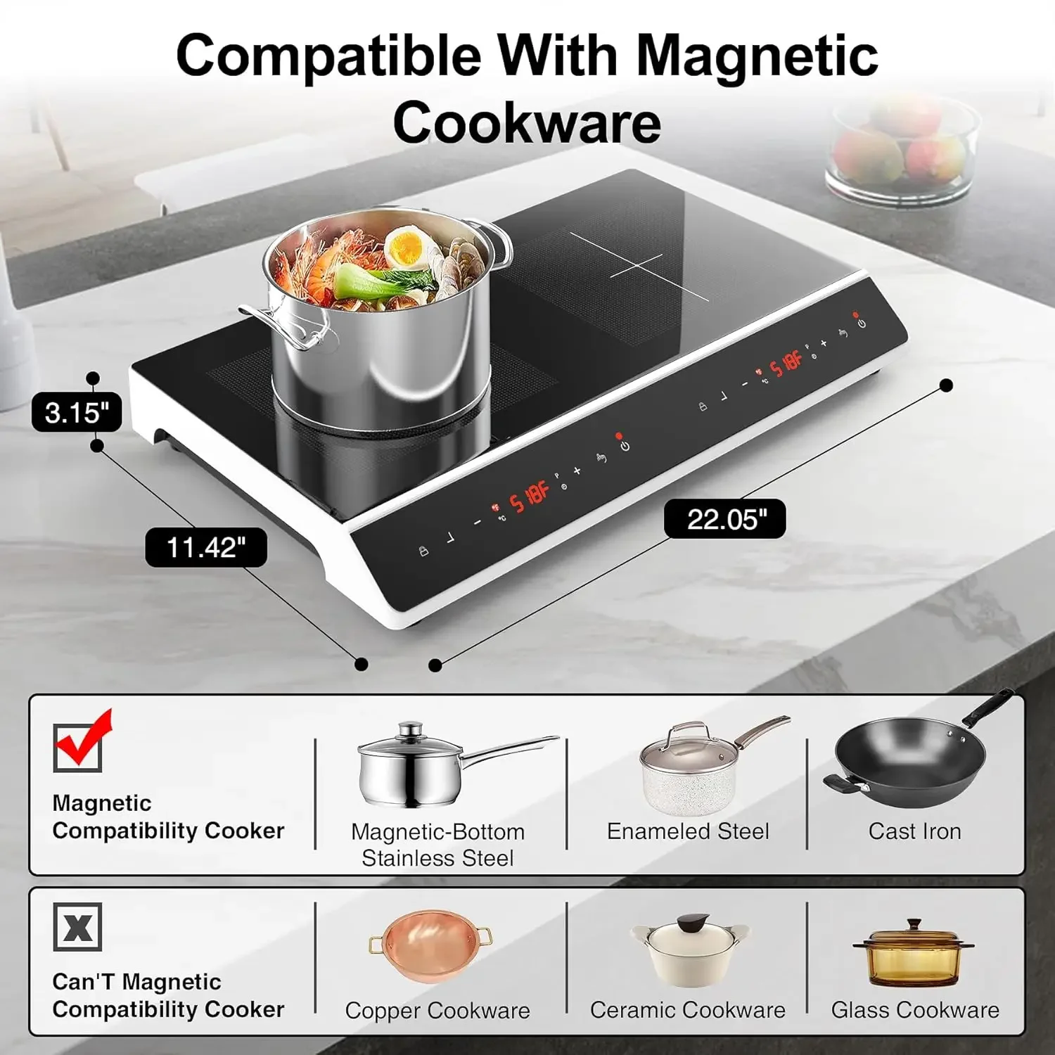 Cooktop, 24 polegadas 4000W Cooktop de indução 2 queimadores, Cooktop elétrico com tela sensível ao toque LED 10 níveis de configurações com segurança infantil Lo