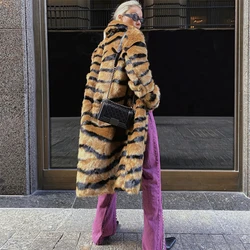 Faux Fur Coat Winter Ladies Thick Long Coat Turn Down Collar Plush Warm Artificial Fur Tiger Pattern Long Fashion Overcoat 2024