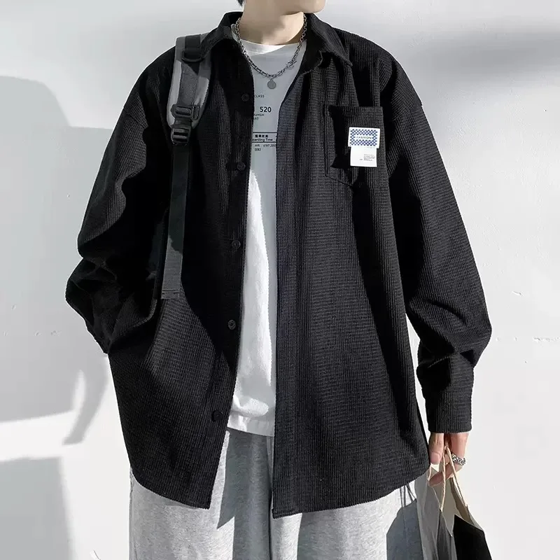 

Мужская рубашка свободного кроя с длинным рукавом, осенне-зимняя, больших размеров, 300 Pou, в стиле ретро, с вафельным узором, повседневная верхняя одежда в гонконгском стиле