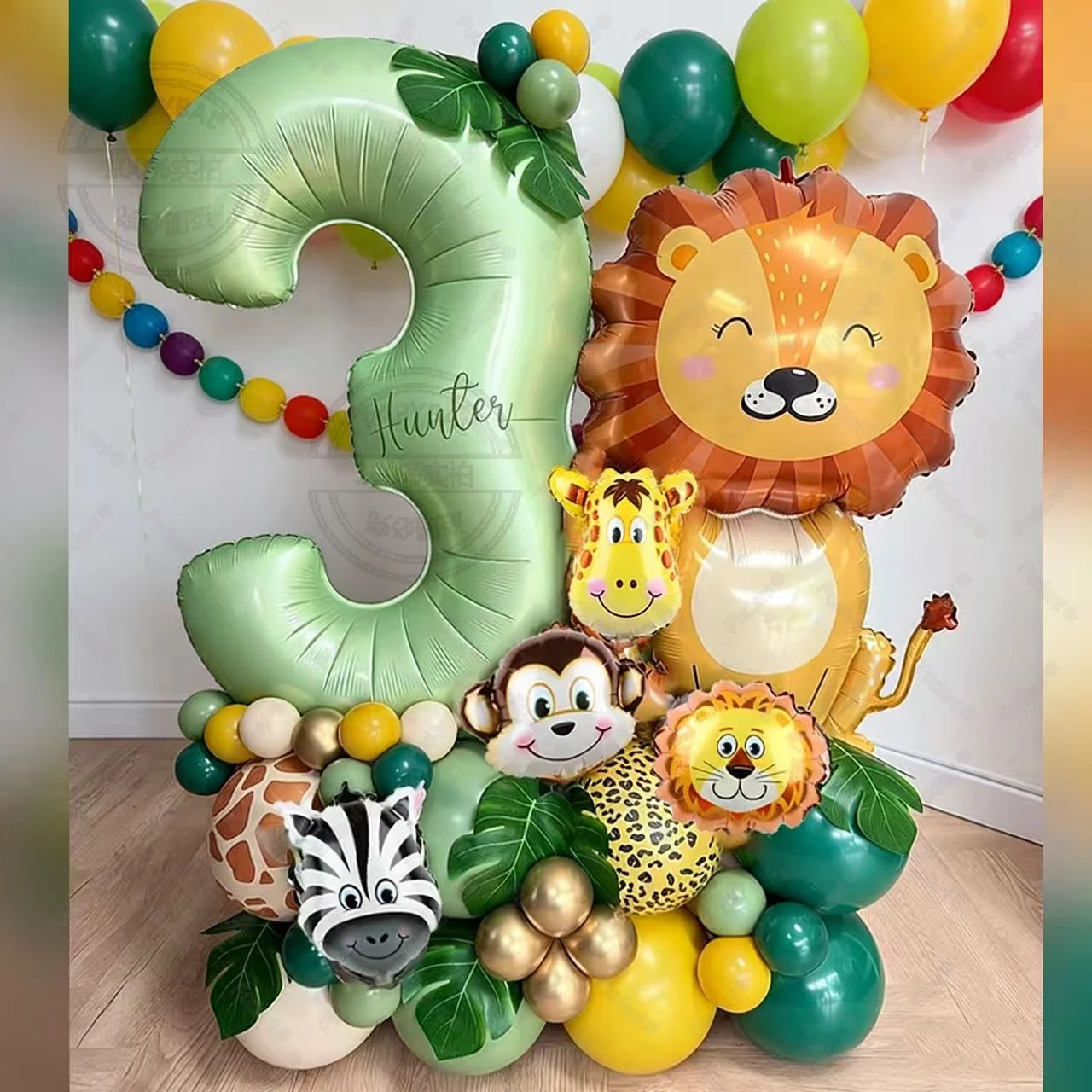 58-teiliges Cartoon-Löwen Mini-Tierkopf-Ballonset Olivgrün Nummer 1-9 Geburtstagsballons Dschungel-Themen-Party-Dekoration