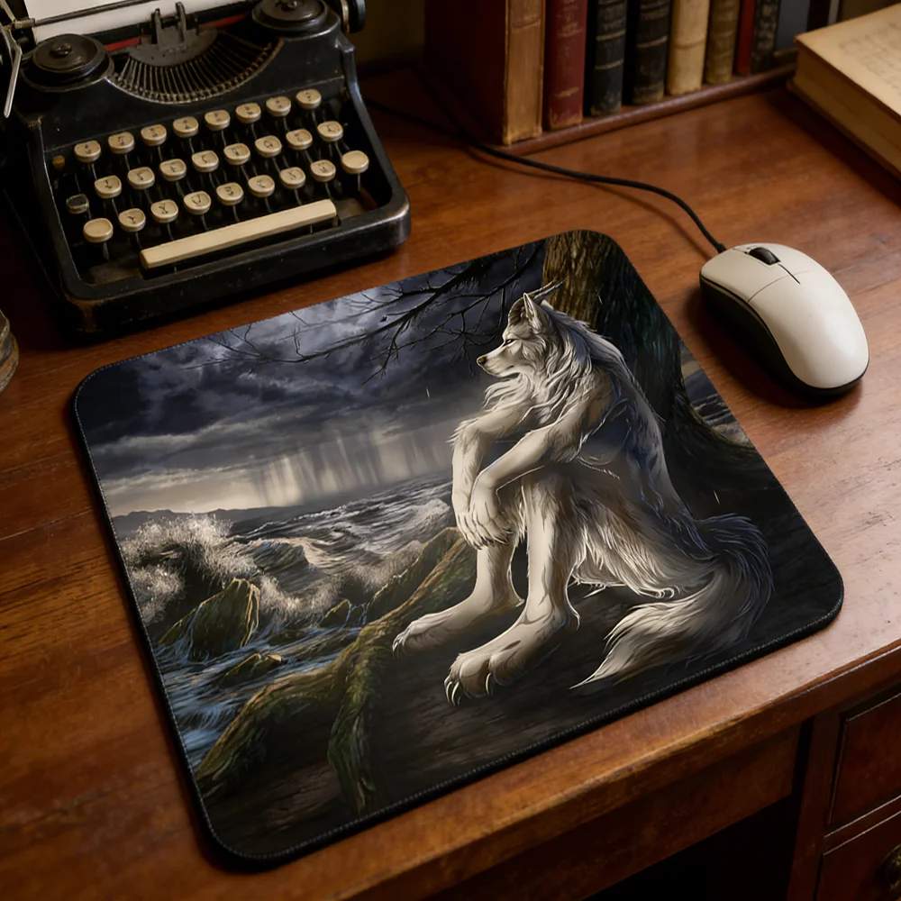 Mauspad mit Wolf-Illustration, erweiterte Schreibtischunterlage für Gaming, Tastatur, Maus, Büro