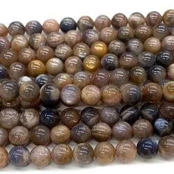 Veemake Natural Black Gold Sunstone Gemstone DIY Necklaces Bracelets Round Loose Beads For Jewelry Making Design