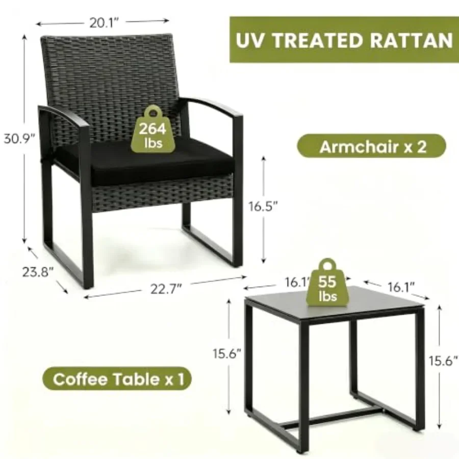 Outdoor 3-Piece Wicker Bistro Set, Patio Conversation Set