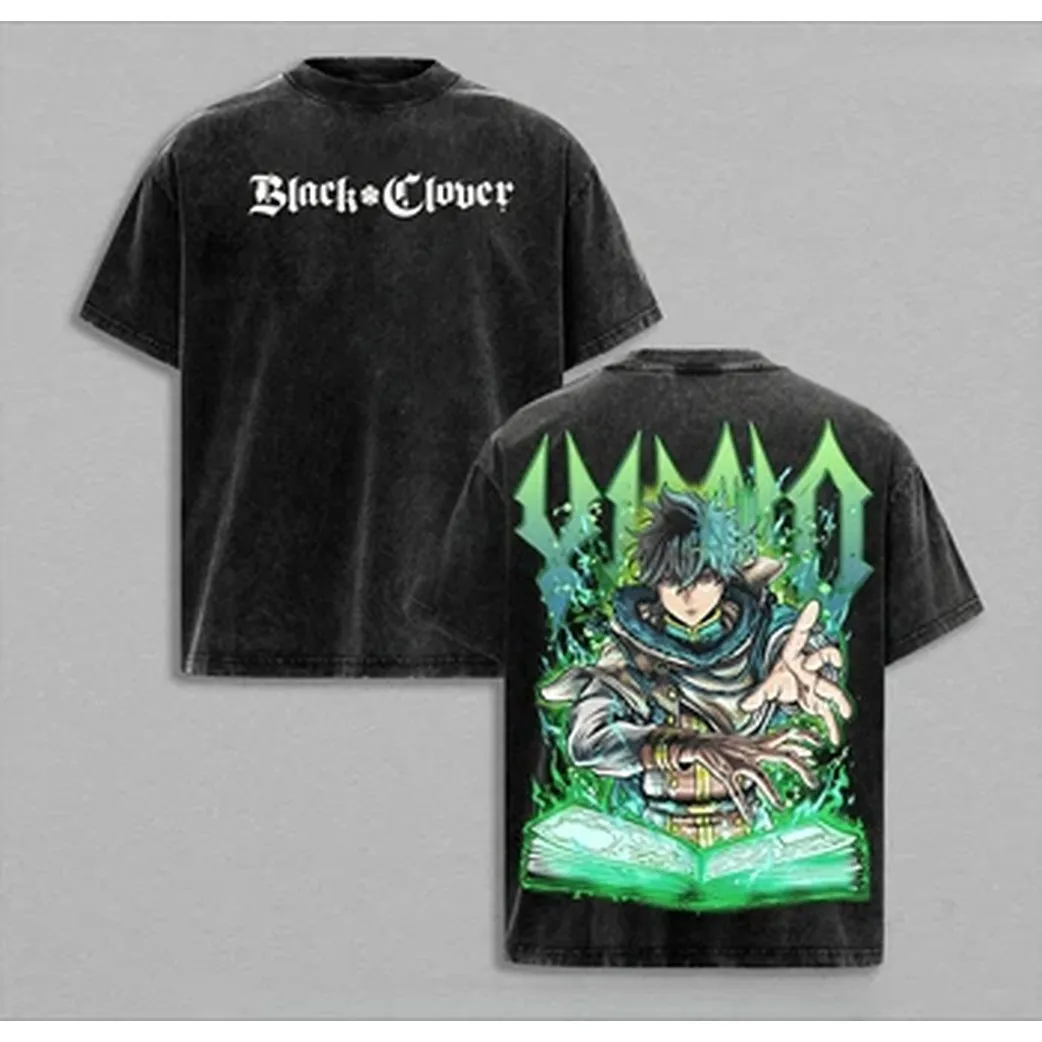 Anime Black Clover Yuno T-shirt For Men's Clothing Vintage Washed Oversized T Shirt Summer Short Sleeve 100% Cotton Tees Tops