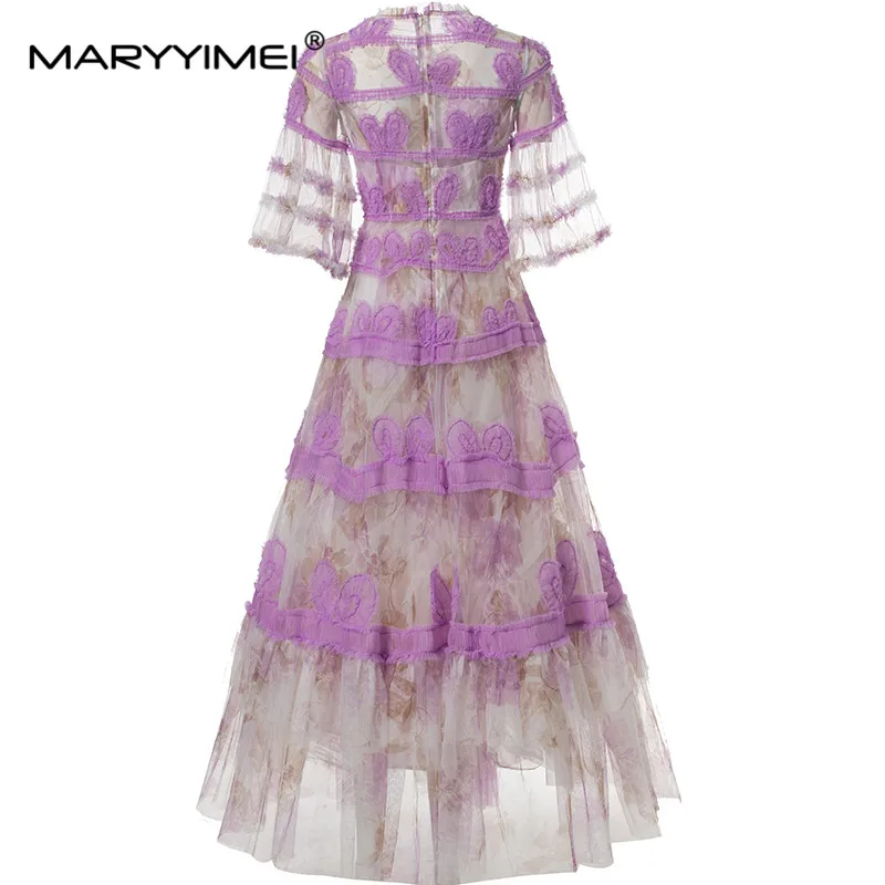 Mary yimei-Vestidos bohemios de primavera y verano para mujer, diseño de moda, manga acampanada, malla de empalme, borde De Seta, vacaciones