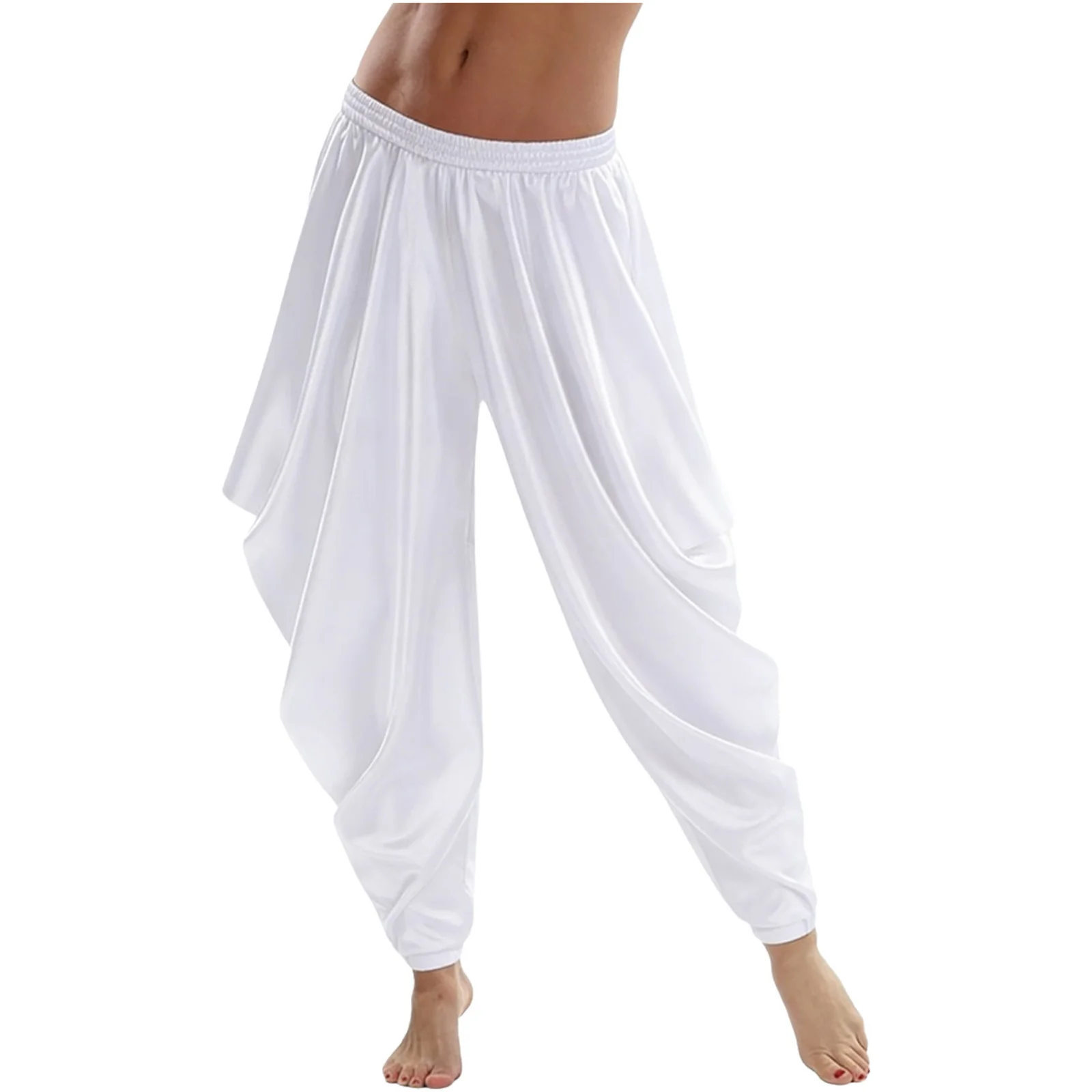 여성 아랍 신화 할로윈 아라비안 코스프레 의상 공주 동화 하렘 바지 신축성 있는 허리밴드 새틴 루즈 팬츠