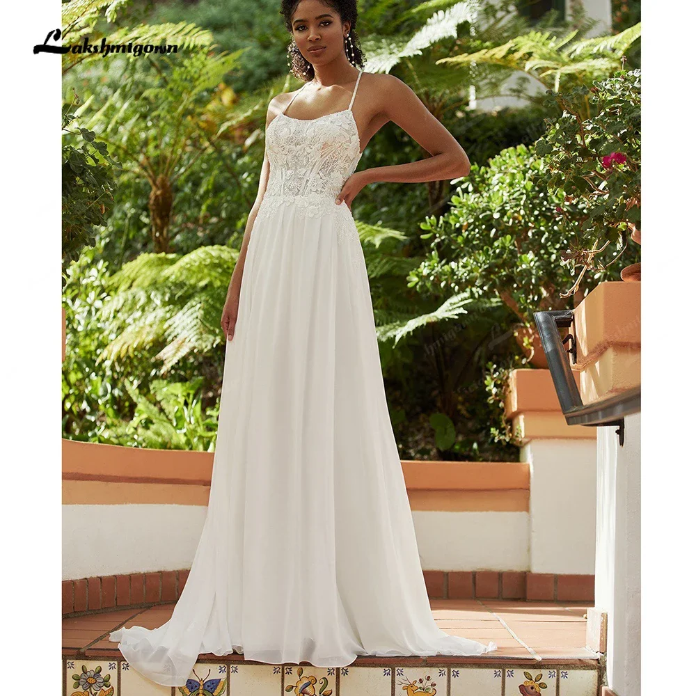

Boho Chiffon A-Line Wedding Dresses Spaghetti Straps Lace Appliques Sweep Train Bridal Gowns Vestido De Noiva
