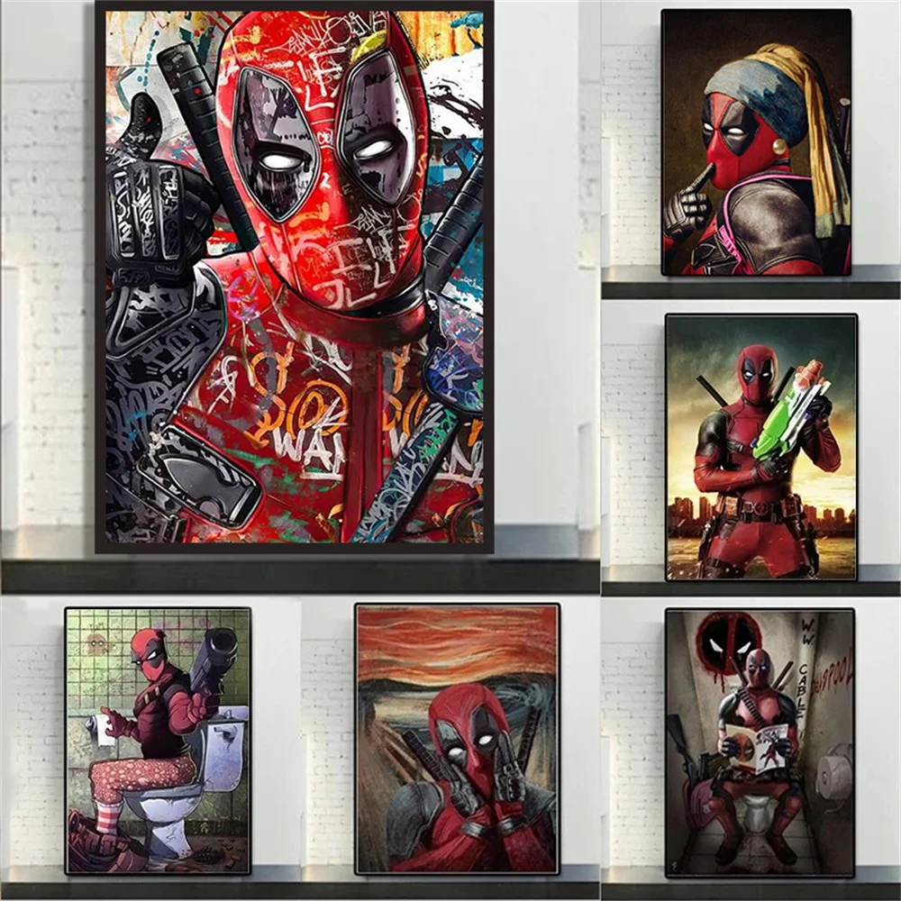 ملصقات ديدبول جرافيتي مضحكة ، فيلم أعجوبة ، لوحة قماشية خارقة ، فن جداري ، صورة كلاسيكية ، ديكور الحمام