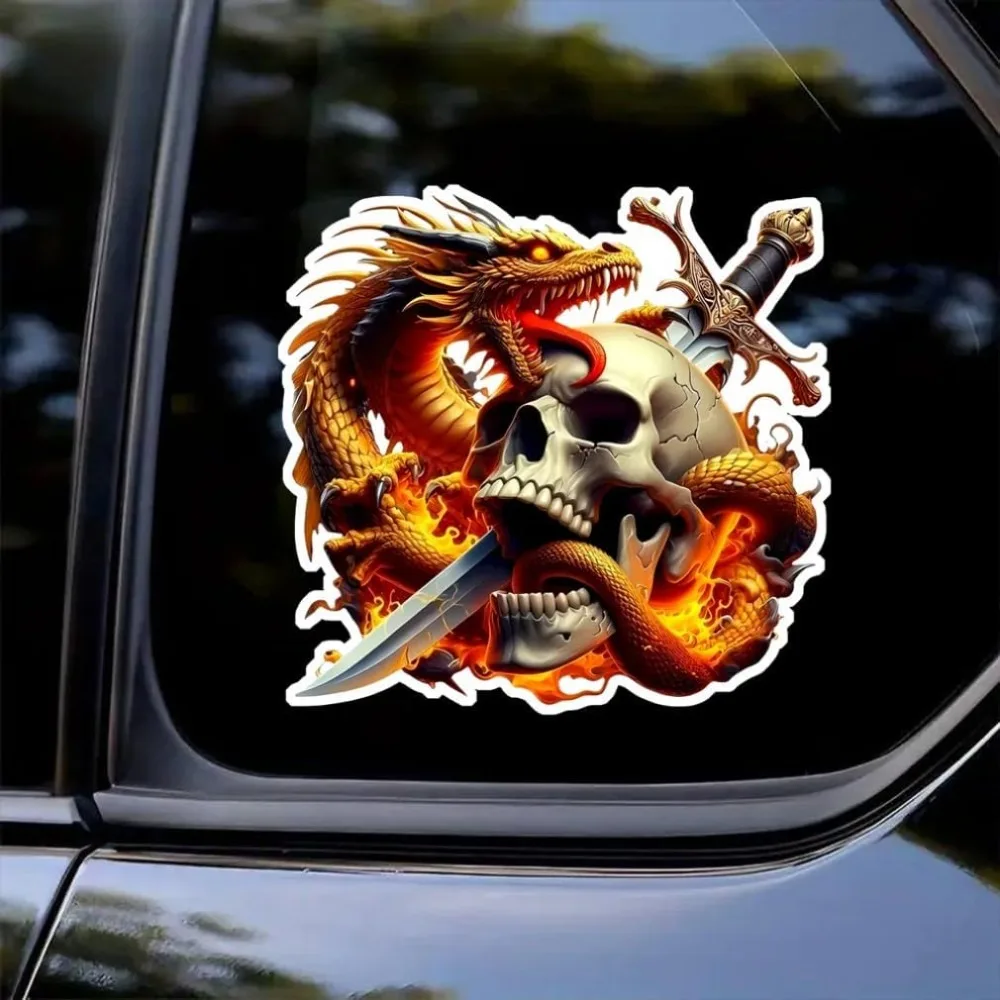 1Pc 2D Flat Dragon Skull Vinyl Sticker, Waterproof Decal For Laptop Car Motorcycle Scratch Cover, Holiday Gift