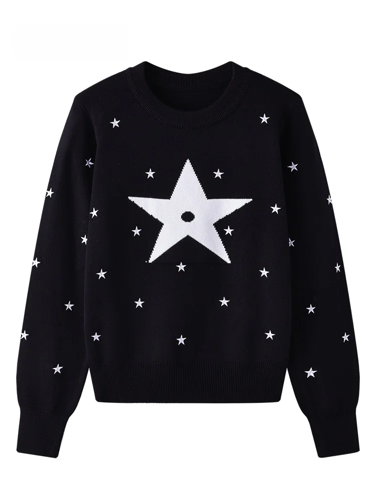 

JZZDEMM Women's Slim Fit Knitted Hoodie with Five Pointed Star Embroidery Faionable Anti-Aging Base Layer Top