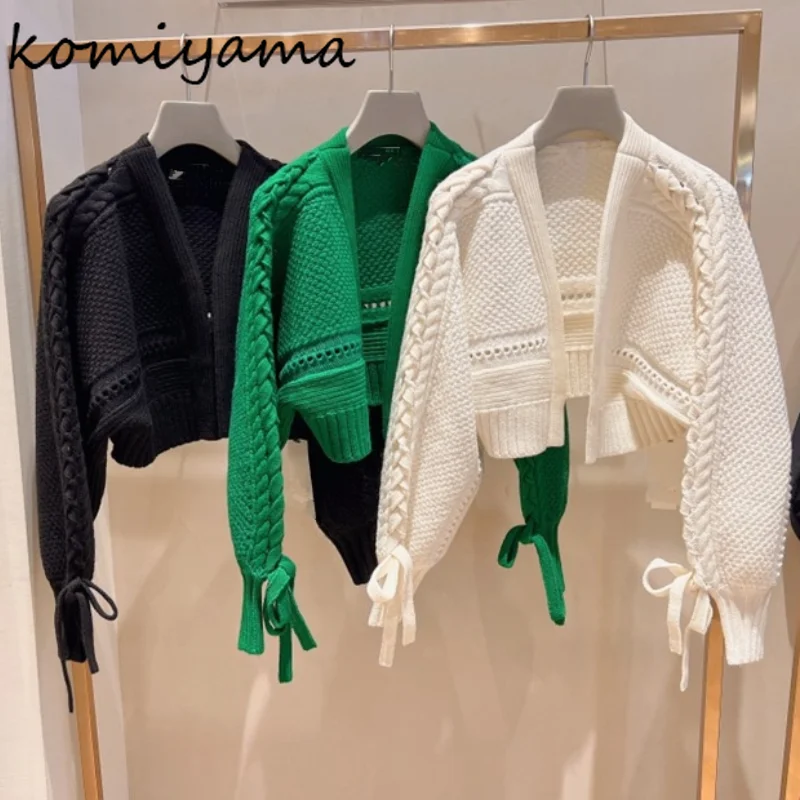 Elegant Chic Bandage Long Sleeve Cardigan Mujer Solid V Neck Open Stitch Brief Women Sweaters JAPAN Knitted Y2k Clothes