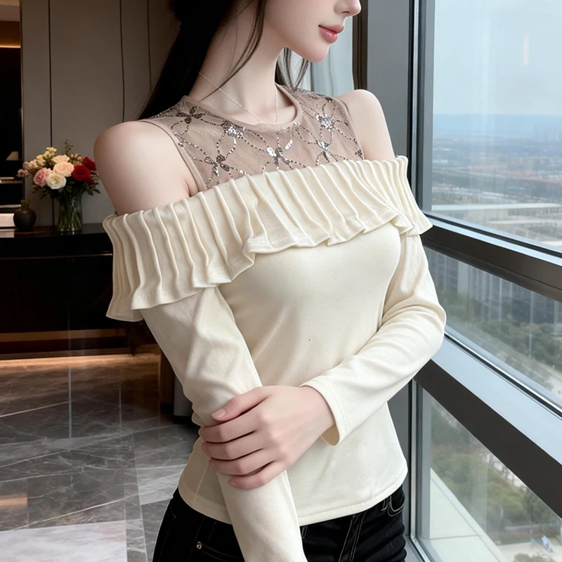 

2026 Spring Autumn Women T Shirt French Style Off The Shoulder Spicy Girls Shirt Sexy Long Sleeve Patchwork Mesh Sequin Tops