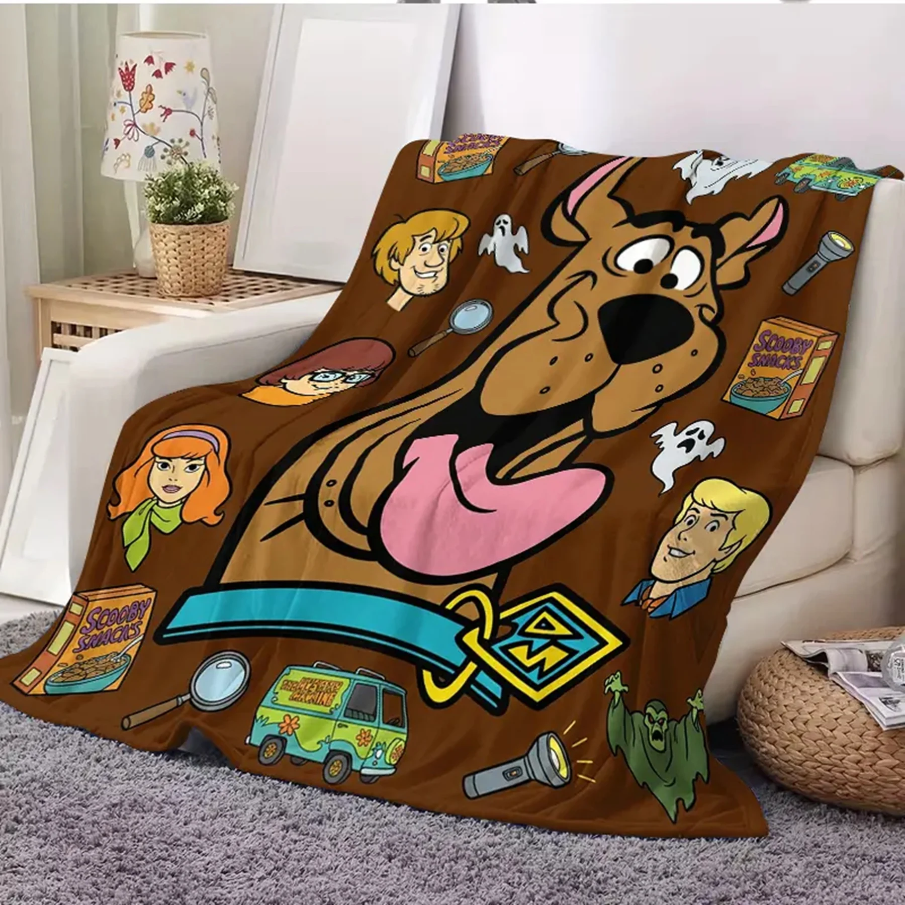 Cartoon Character-Inspired Flannel Blanket -- Soft Warm, Room Decor, Mysterious Robots Ghosts Snacks Prints, Ideal for Fans