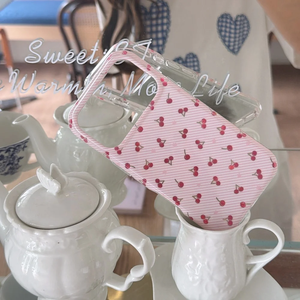 

Korean Style Pink Cherry Stripe iPhone 17 Pro Max Case for Girls Cute Anti Drop 16 15 Pro 14 13