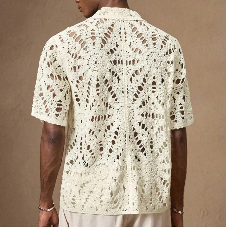 Men's Sexy Mesh Crochet Open Front Polo Shirt Short Sleeve Summer Fashion Shirts Breathable Knitted Top Beach Club Costume