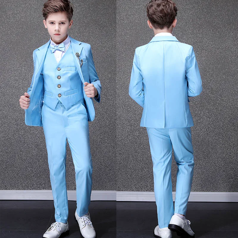 Kids Tuxedo Evening Party Wear Teenager Graduation Birthday Costume Children Sky Blue Photograph Suit Flower Boys Wedding Dress