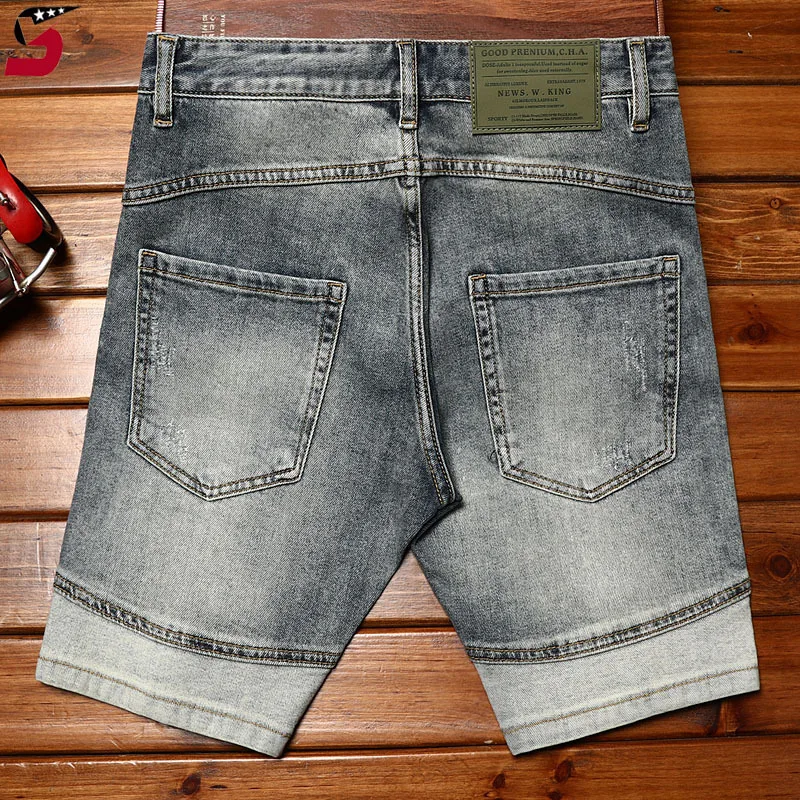 

High-End Locomotive Denim Shorts for Men2024Summer Fashion Personality Stitching Design Casual Stretch Retro Cropped Pants