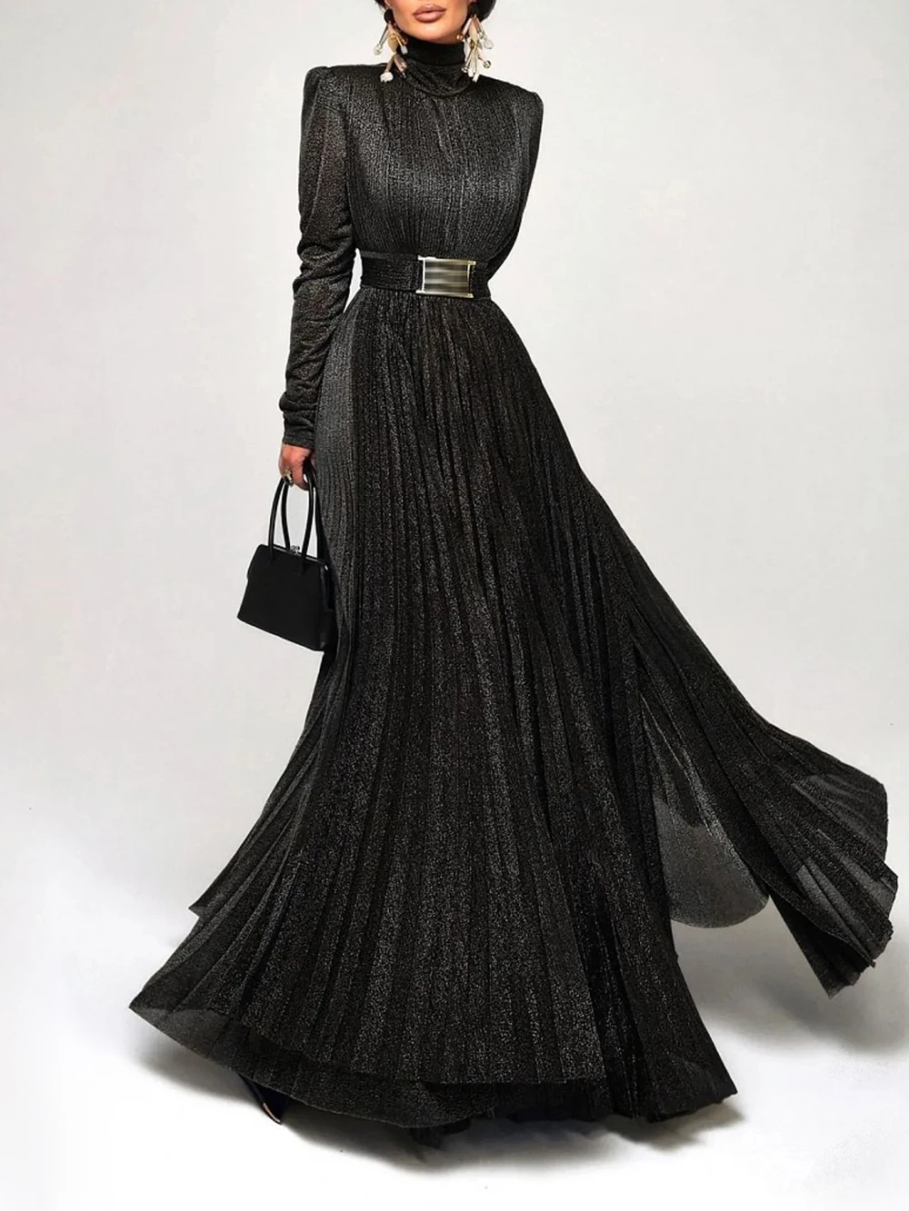 Modphy Solid Spliced Belt Slim Pleated Dresses For Women Turtleneck Long Sleeve High Waist Temperament Long Dress Female Clothes
