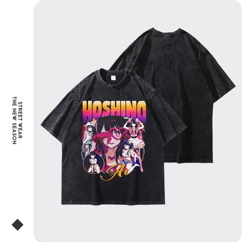 Anime Oshi No Ko T-shirt Cute Vintage Washed Hoshino Ai Oversized T Shirts Retro Streetwear Manga Kurokawa Akane Tops Tees Girl